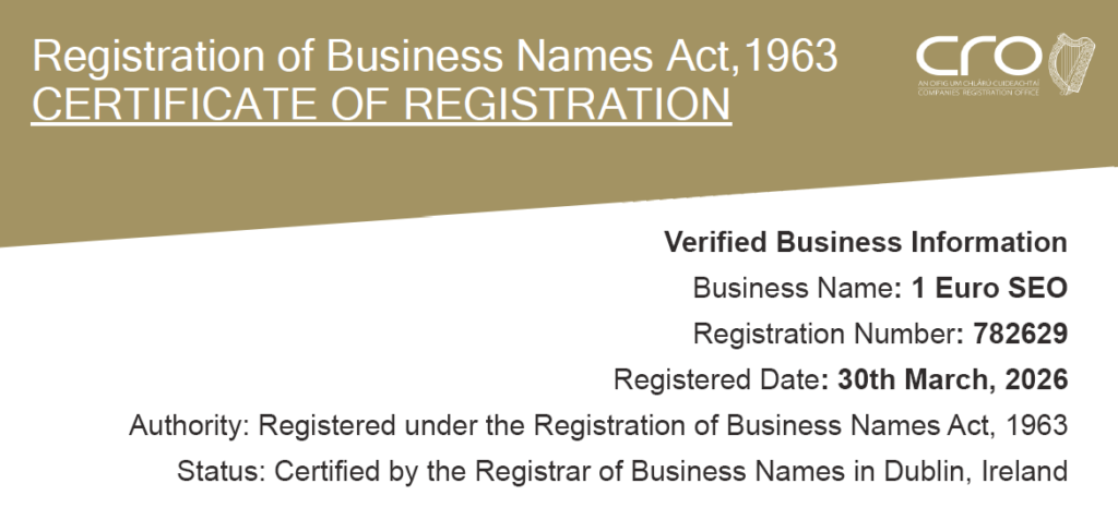 Official Certificate of Registration for 1 Euro SEO, Business No. 782629, registered under the Registration of Business Names Act, 1963.